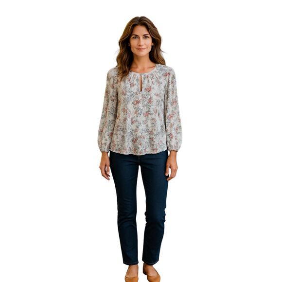 Rebecca Taylor Size 0 Semi Sheer Multi-Color Floral Silk Blouse Boho Peasant - Picture 1 of 13